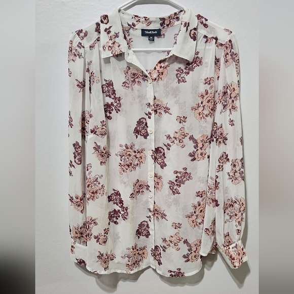 ModCloth Button Up Blouse Sheer White Pink Floral Button Front Sz 1X Chiffon B12 - Picture 1 of 6
